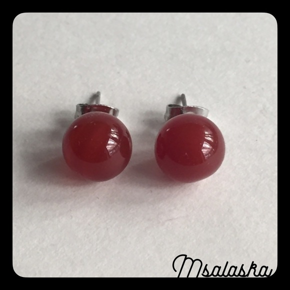 Red Agate Gemstone Ball Stud Earrings - Picture 1 of 5